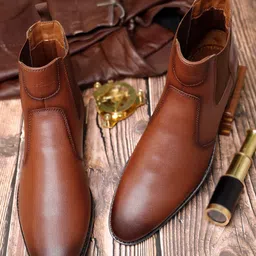 LOUIS STITCH Men Russet Tan Mid-Top Slip-On Chelsea Boots-image-2