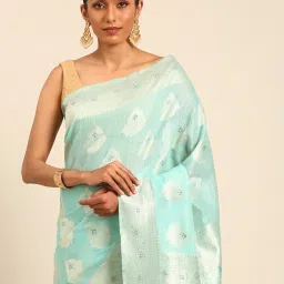 Mohey Blue Zari Saree with Blouse Piece image 4