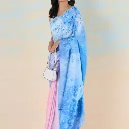navyasa by liva Blue & Pink Printed Saree With Unstitched Blouse image 4
