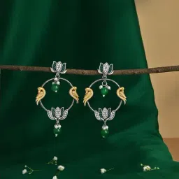 Fida Silver Lotus Green Beads Twin Parrot Dangler Earrings for Women-image-25