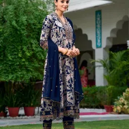 BERRYLICIOUS Navy Embroidered & Botanical Printed Anarkali Kurta with Pant & Dupatta image 4