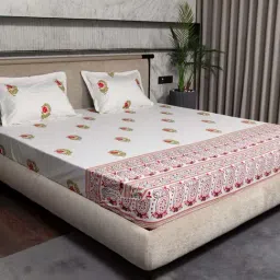 Urban Space Pink & White Cotton 200 TC Ethnic Motif Single Bedsheet with 1 Pillow Cover-image-26