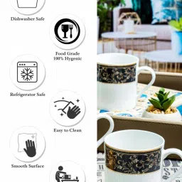 SONAKI White & Black Bone China Tea & Coffee Mugs (200ml) - Set of 6 image 4