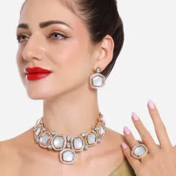 Zaveri Pearls Mint Green Kundan & Austrian Diamonds Choker Necklace Earring & Ring Set-ZPFK16740-picture-28