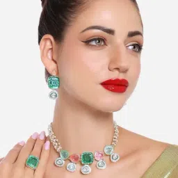 Zaveri Pearls Green & Pink Stones Multistrand Beaded Choker Necklace Earring & Ring Set-ZPFK16742-picture-32