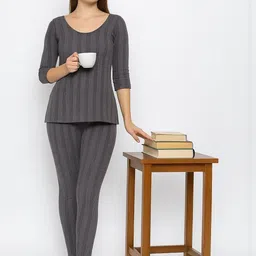 TRENDY RABBIT Women Round Neck Striped Thermal Set-image-66