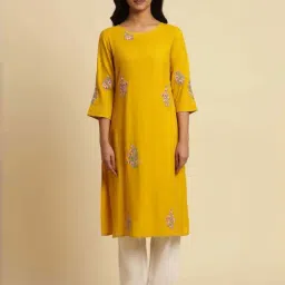 W Yellow Embroidered Straight Kurta-image-16