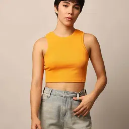 Only Orange Cotton Solid Crop Top-image-31