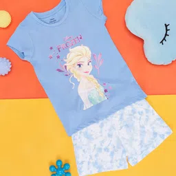 Pantaloons Junior Half Sleeves Disney Frozon Printed Tee With Short Set - Blue-picture-34
