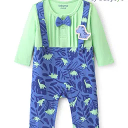 Babyoye 100% Cotton With Eco- Jiva Finish Full Sleeves Romper With Dino Print & Bow Applique - Blue & Green-image-82