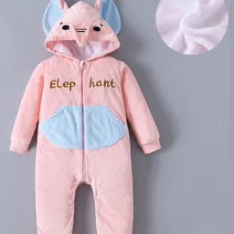 Kookie Kids Full Sleeves Hooded Winter Wear Romper With Elephant Face Applique & kangaroo Pockets- Baby Pink-picture-27