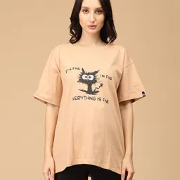 The Mom Store Cotton Half Sleeves Everything Is Fine Text Printed Oversized Maternity Tee - Sand-image-90