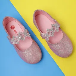Mine Sole Bow Applique Detailed Shimmered & Stones Embellished Mary Jane Ballerinas With Velcro Closure - Pink image 1