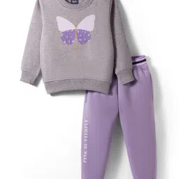 Pepito Knit Full Sleeves Winterwear Fleece Night Suit With Butterfly Print - Grey & Lilac-picture-15