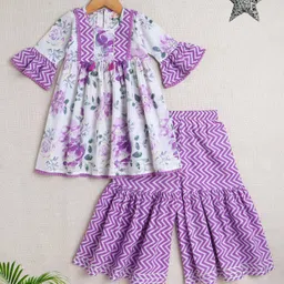 The Magic Wand Cotton Woven Three Fourth Bell Sleeves Floral & Chevron Printed Kurta & Coordinating Sharara Set - Purple-picture-19