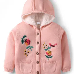 Babyhug Knitted Full Sleeves Front Open Hooded Sweater With Floral & Bird Embroidery - Pink-picture-38