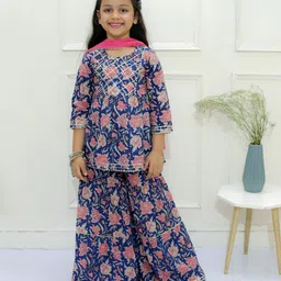 Ka-mee Cotton Woven Three Fourth Sleeves Floral Printed & Gota Lace Embellished Coordinating Kurta & Sharara With Dupatta Set - Blue-picture-22