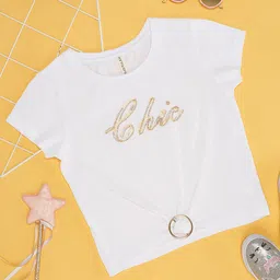Pantaloons Junior Viscose Knit Half Sleeves Chic Text Foil Printed Tie Up Top - White-picture-22