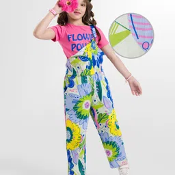 OLLINGTON ST. Cotton Knit Floral Printed Dungaree & Half Sleeves Inner Top - Multicolor & Pink-picture-10
