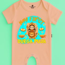 The Peppy Tend 100% Cotton Knit Durga Puja Theme Half Sleeves My First Durga Puja Text Printed Romper - Peach-picture-32