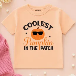 KNITROOT Cotton Lycra Knit Halloween Theme Half Sleeves Coolest Pumpkin In The Patch Text Printed Tee - Peach-picture-25
