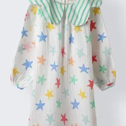 Spunkies Cotton Woven Full Sleeves Stars Printed Peter Pan Collar Dress - Multi Colour-picture-16
