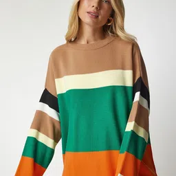 Happiness istanbul Women Colourblocked Round Neck Long Sleeves Pullover image 2