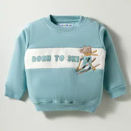 Little Darlings Fleece Knit Full Sleeves Cut & Sew Winter Wear T-Shirt & Lounge Pant Set with Skin Print - Teal Blue image 2