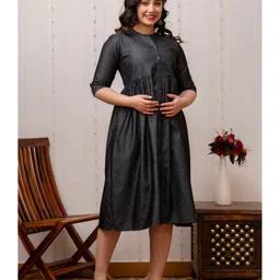 CeleBravo Denim Three Fourth Sleeves Solid Maternity Dress With Nursing Access - Black image 4