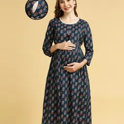MomToBe Three Fourth Sleeves Floral Motif Printed Maternity Kurta With Concealed Zipper Nursing Access - Green image 5