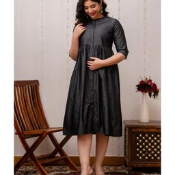 CeleBravo Denim Three Fourth Sleeves Solid Maternity Dress With Nursing Access - Black image 5