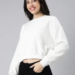 showoffff SHOWOFF White Self Design Crop Sweatshirt image 4