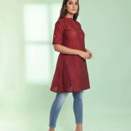 CHARUKRITI Maroon Cotton Woven Pattern A Line Kurti image 3