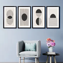 999Store Set Of 4 Black & Grey Abstract Lines Canvas Framed Wall Paintings-picture-13