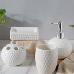 Nestasia Cloudy textured White Fantasia ceramic bath set for bathroom, Housewarming Gift (Set of 4)-picture-11