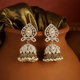 Zaveri Pearls Gold Tone Dazzling Stones Pearls Embellished Statement Jhumki Earrings-picture-14