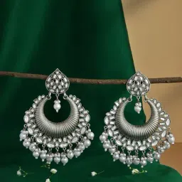 Fida Silver Plated White Pearls Chand Bali Earrings for Women-image-30