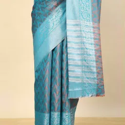 Soch Womens Teal Geometric Woven Design Jacquard Weave Art Silk Saree image 4