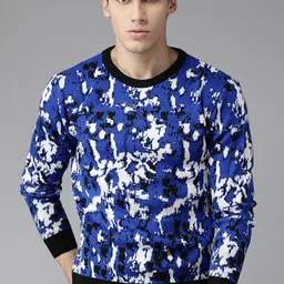 Roadster Men Blue & White Self-Design Pullover-image-51