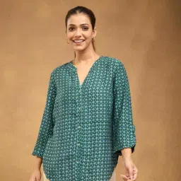Fabindia Green Printed Mandarin Collar 3/4th Sleeves Shirt-image-56