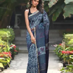 Unnati Silks Blue Printed Saree With Unstitched Blouse-image-24