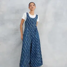 Fabindia Women's Navy Blue Printed Round Neck Sleeveless Jumpsuit-picture-10