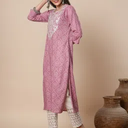 Fashor Pink Cotton Printed Three-Quarter Sleeves Kurta image 4