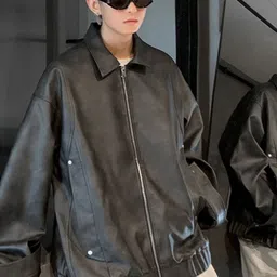 HERE&NOW Men Spread Collar Solid Leather Casual Leather Jacket-picture-45