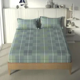 Nautica Blue & Multi Cotton Checked 180 TC Double Bedsheet with 2 Pillow Covers-picture-27