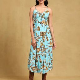 Label Ritu Kumar Blue Floral Print Midi Dress-picture-37