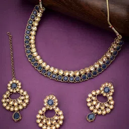 Sukkhi LCT Gold-Plated Blue & Beige Stone-Studded Jewellery Set-image-67