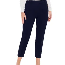 PATRORNA Navy Mid Rise Slim Fit Victorian Trousers-image-9