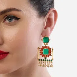 Zaveri Pearls Green Red Stones & Beads Embellished Ethnic Dangler Earrings-image-69
