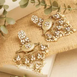 Zaveri Pearls Gold Tone Clustered Pearls Meenakari Kundan Chandelier Earrings-image-86